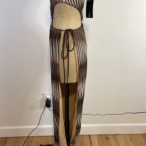 NWT Fashion Nova Dress X-Small Paradise Maxi Brown Cream Open Side High Slit - Picture 7 of 14